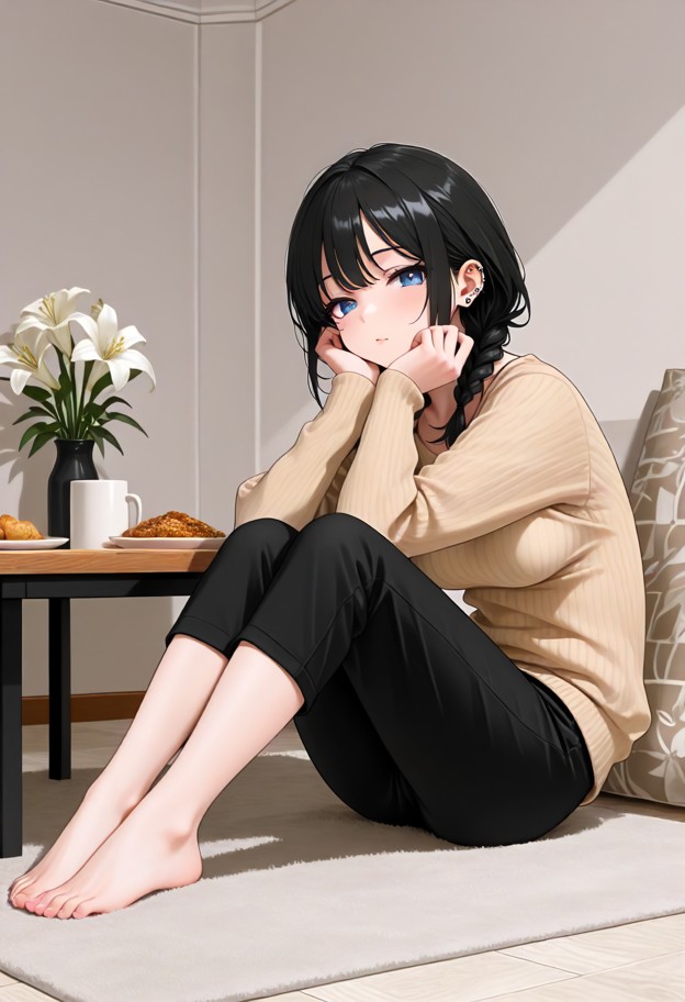 1girl sitting at gray oak dining table,wearing burgundy sweater,black trousers,bare feet,hands folded,warm expression…