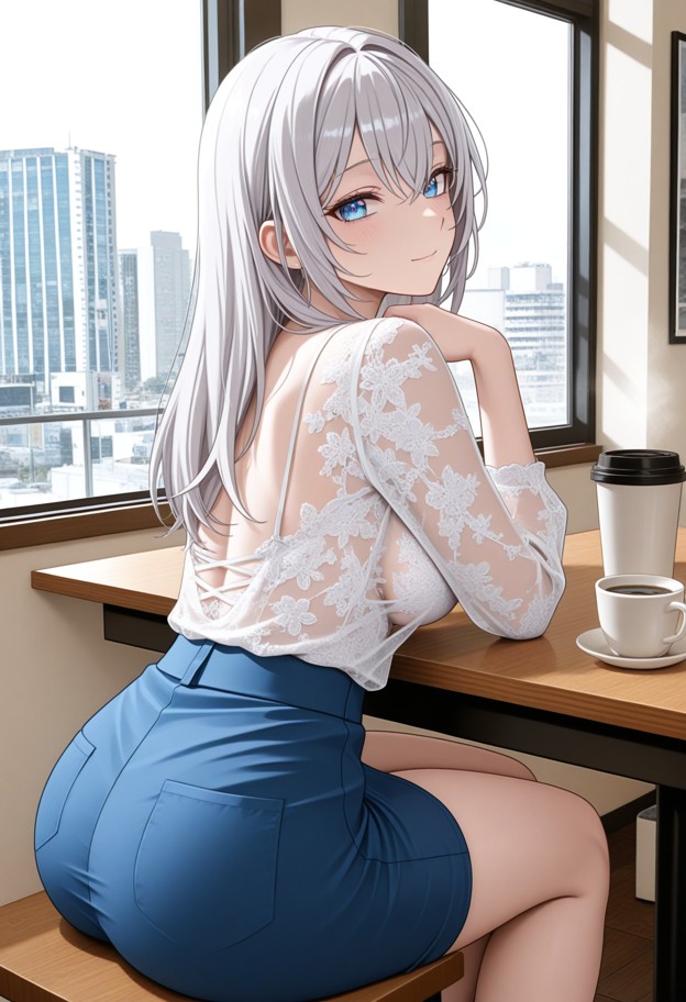 a she is sitting at a table holding a white ceramic coffee cup,blue silk blouse,cozy cafe,wooden tables,white walls,w…