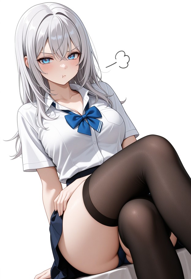 1girl,school uniform,black stockings,pouting,sitting legs crossed,pose,dynamic angle,front view,panties,white background