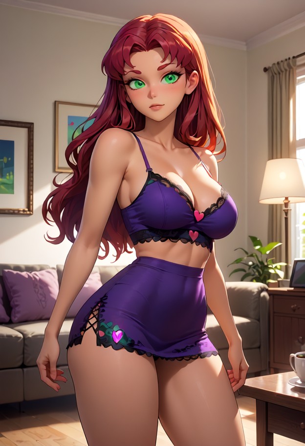 Starfire Sliding Her Black Lace Skirt Up Her Thighs — AI Porn Image