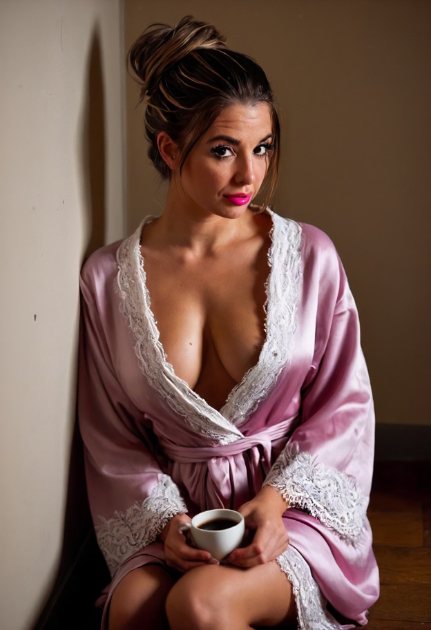 she is sitting on floor against wall,pink silk robe,white lace trim,dimly lit hallway,beige walls,wooden door frame,l…