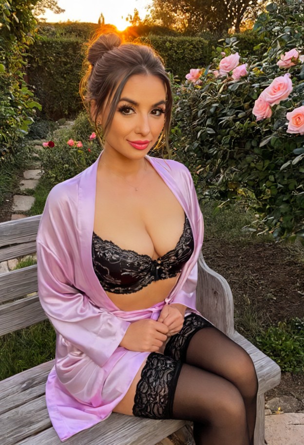she is sitting on a wooden bench leaning toward viewer,black lace bra,pink silk robe,high-waisted nylon stockings,gar…