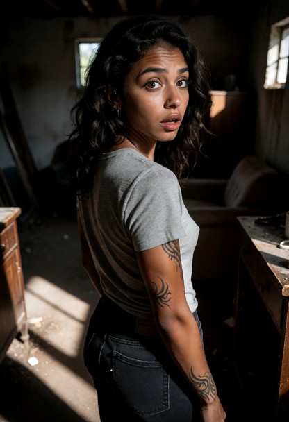Location: a dimly lit, cluttered room with heavy shadows stretching across the floor and soft, dusty light filtering …