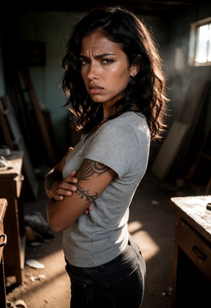 Location: a dimly lit, cluttered room with heavy shadows stretching across the floor and soft, dusty light filtering …