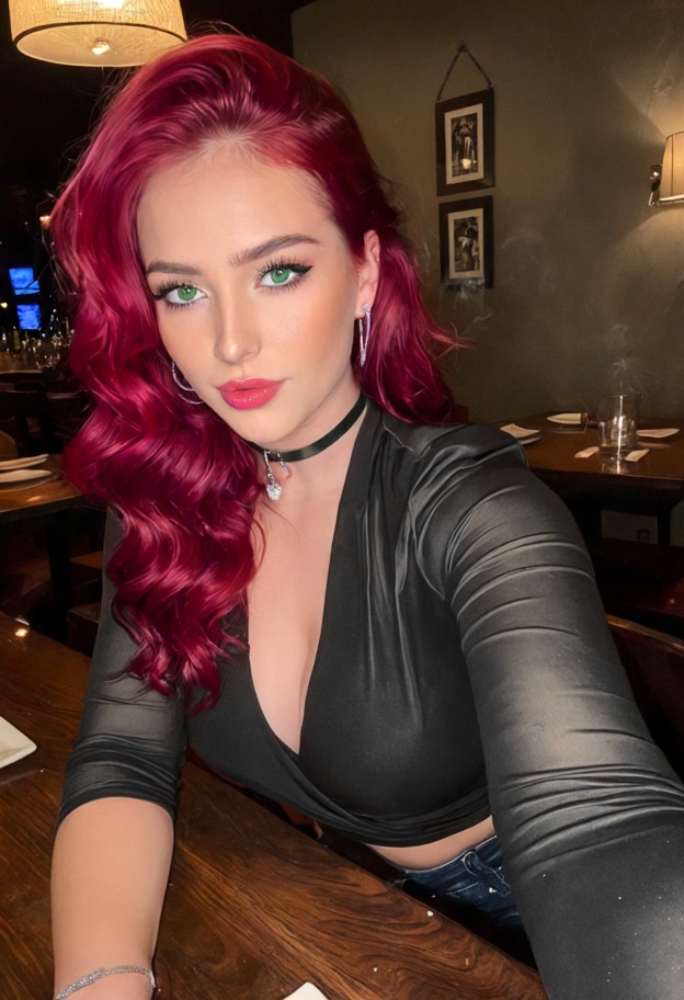 she is sitting at the table,leaning forward,black silk blouse,blue denim shorts,black leggings,dimly lit restaurant,d…
