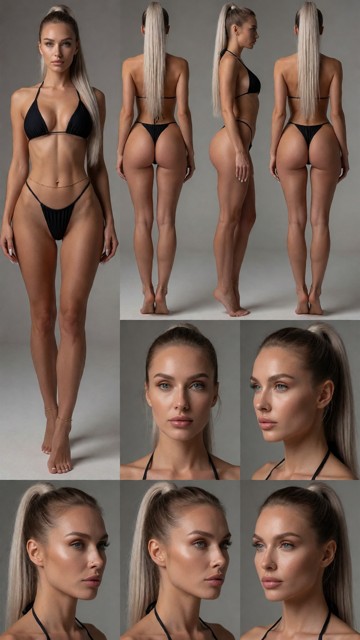 Skin must be clean and flawless: no tattoos, no scars, no marks, no blemishes. Wearing a minimal bikini black, perfec…