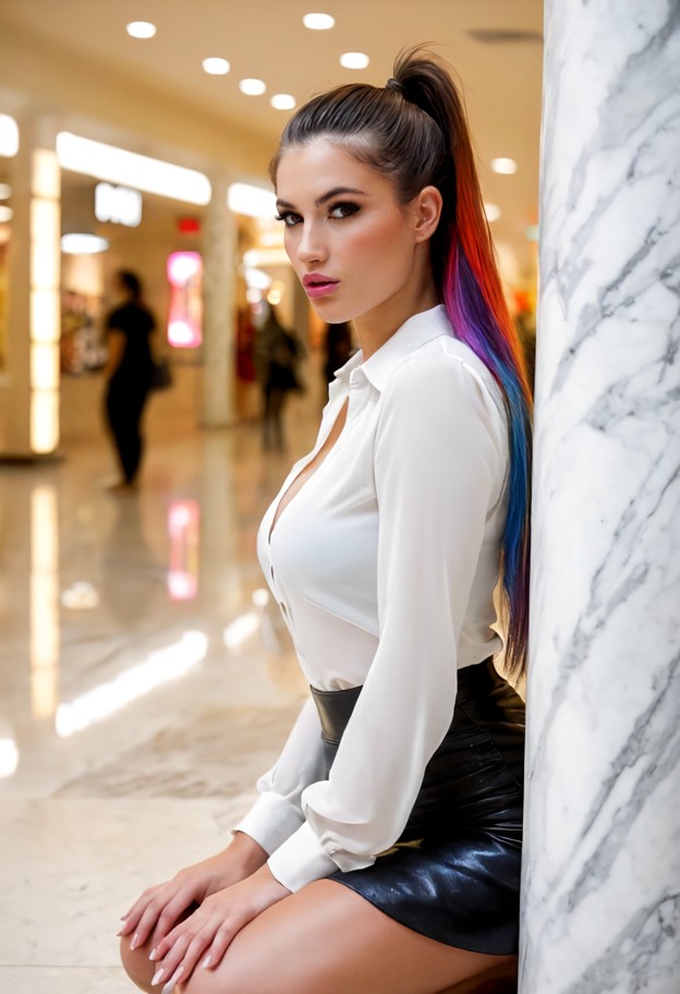she is is crouching behind a marble column,white silk blouse,black skirt,shopping mall hallway,storefronts,blurred pe…