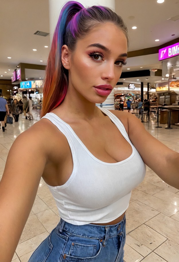 she is is leaning against a pillar,white tank top,blue denim skirt,busy mall food court,selfie closeup,medium shot,in…
