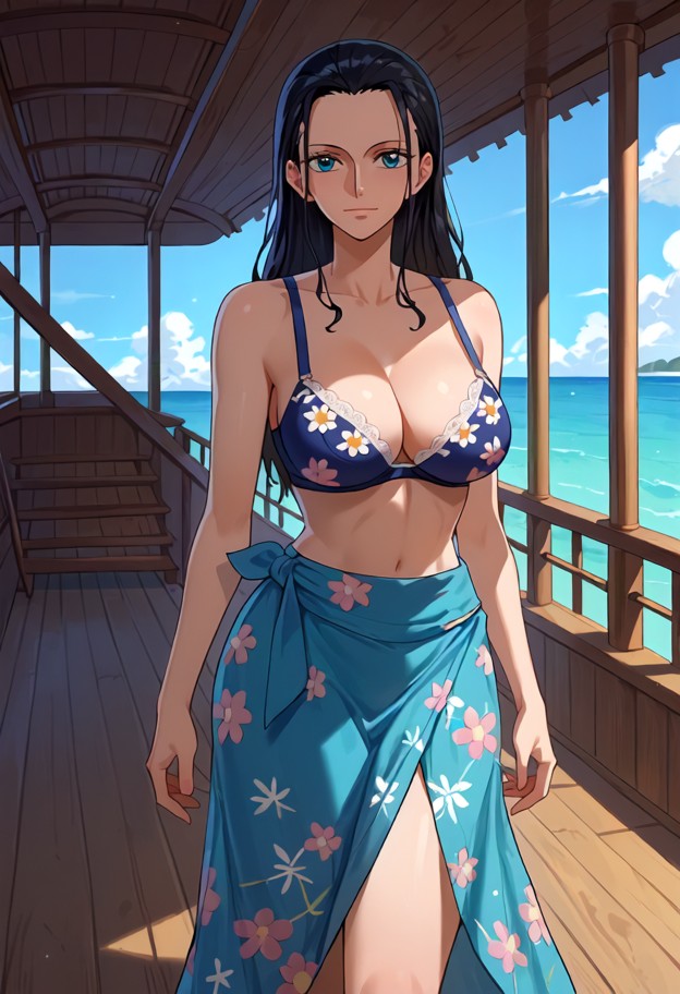 standing,she is crossing her arms under her boobs,floral print bra,floral print sarong skirt,outdoor deck of a wooden…