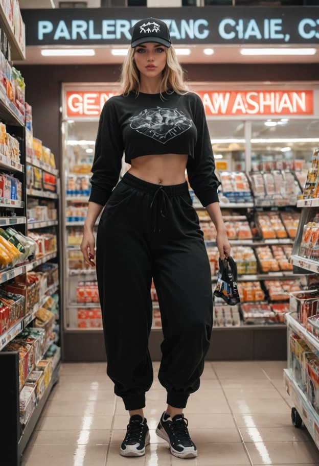 she is in the city,next to a shopping centre,neon lights.  streetwear,baggy pants,sneakers,cap,urban fashion,minimal …
