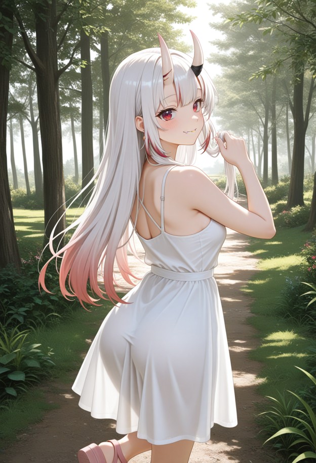 she is standing and playing with hair,white sundress,pink sandals,bright outdoor park,green grass,trees,sunlight,medi…