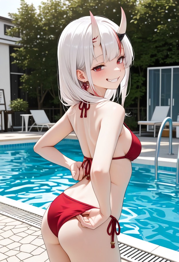 1girl,solo,standing,back to camera,looking back at camera,smug grin,teeth,blushing,adjusting bikini,red bikini,outsid…