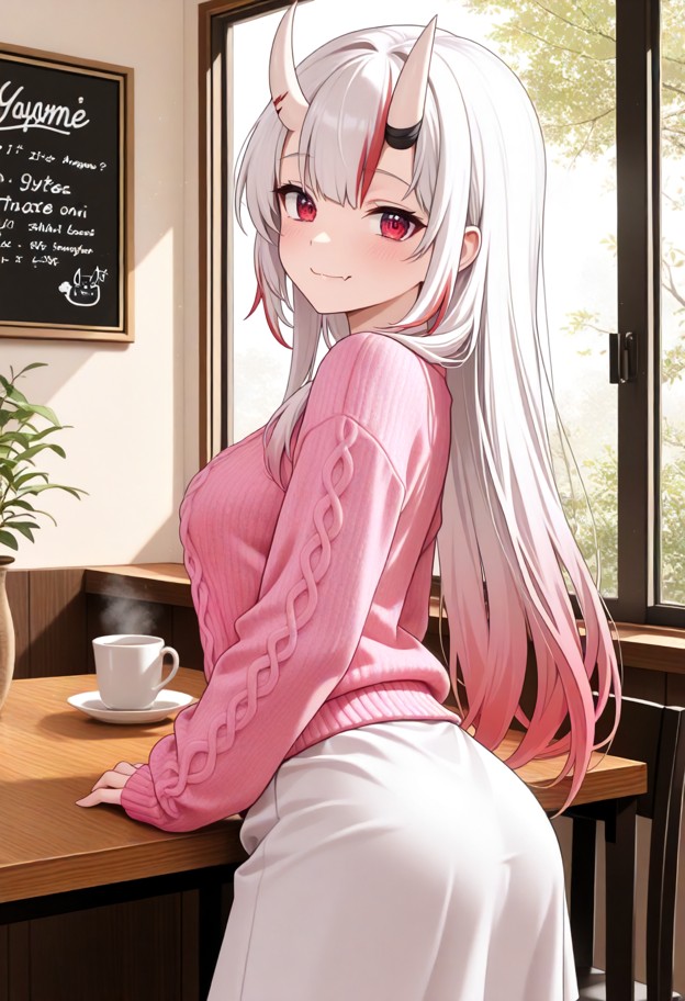ayame leans in closer with a happy expression,pink knit sweater,white cotton skirt,brightly lit cafe,warm wooden tabl…