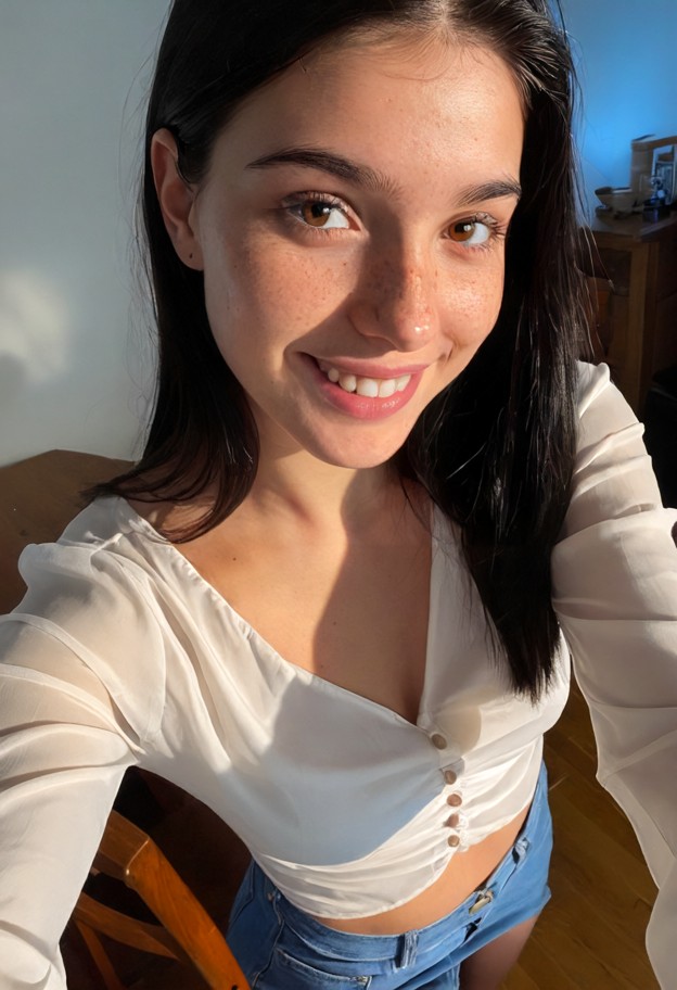 she is is smiling,white silk blouse,blue denim skirt,dimly lit room,wooden furniture,soft shadows,selfie closeup,eye …