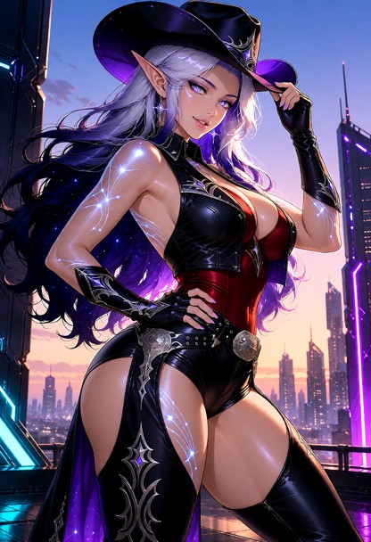 Nightstar, an adult 27-year-old Luminarian woman, modeling a daring high-fashion cowgirl outfit on a neon-lit Aegis C…