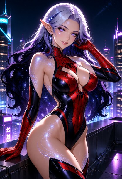 Nightstar, an adult 27-year-old Luminarian woman, modeling a daring Spider-Man-inspired high-fashion superhero outfit…