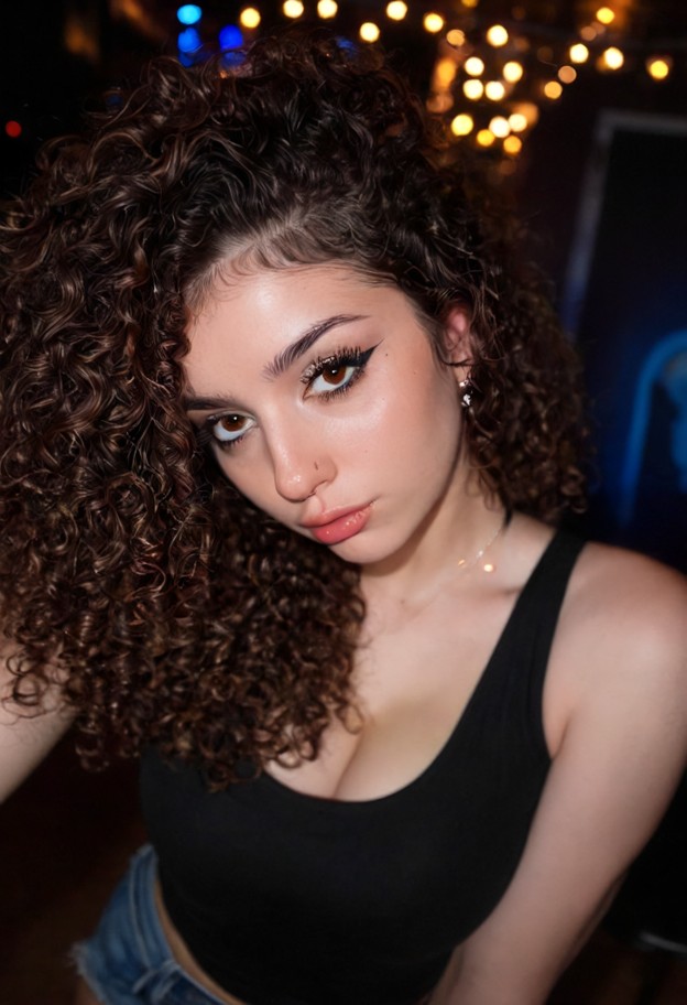 she is,she is kissing the neck and pressing chest against viewer,black tank top,denim shorts,dark corner,party backgr…