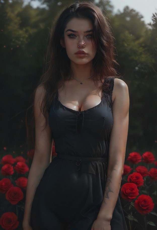 1girl,solo,standing in a meadow,(black sundress:2.5),countryside,field,(red roses:1.5) wide shot,natural lighting,cle…