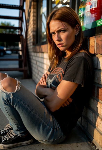 Location: late afternoon outside a small convenience store, with the dimming sun casting long shadows against the bri…