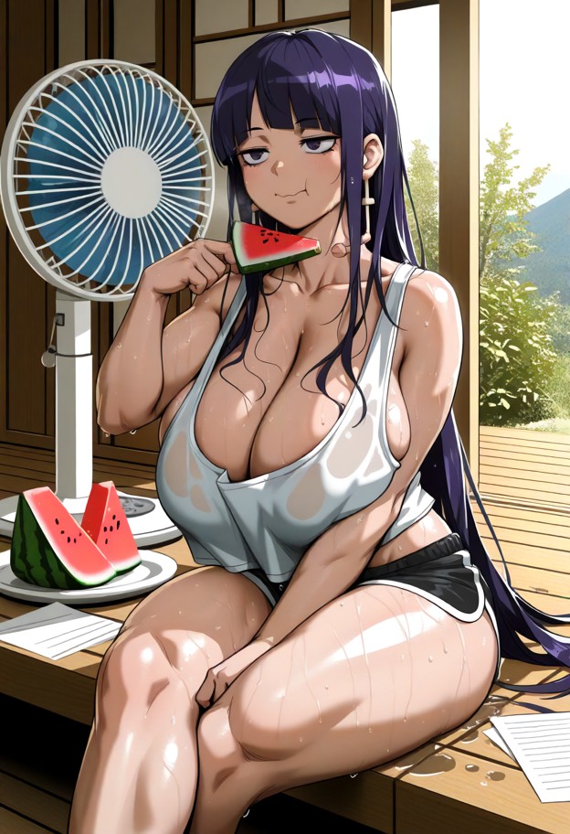 1girl,solo,anime style,extremely hot japanese countryside summer,sitting on a wooden engawa of a traditional japanese…