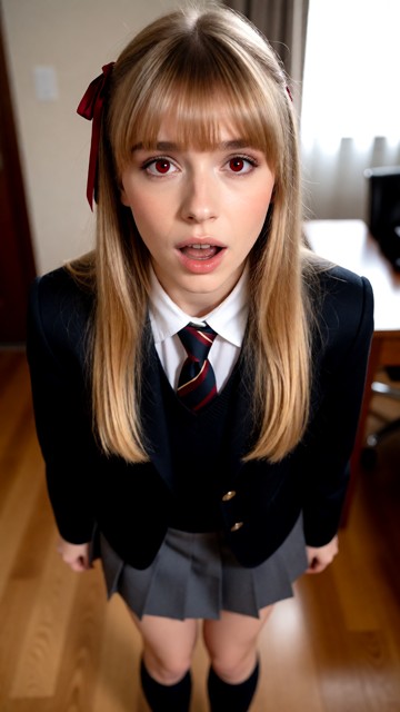 Woman wears a school uniform with a skirt, blazer, tie, knee-high socks, light makeup, and soft blush., The subject l…