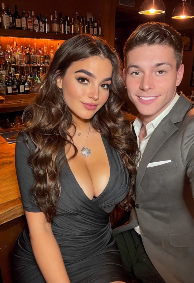 isabella is sitting on a bar stool leaning toward aaron,black silk dress,silver necklace,charcoal grey wool designer …