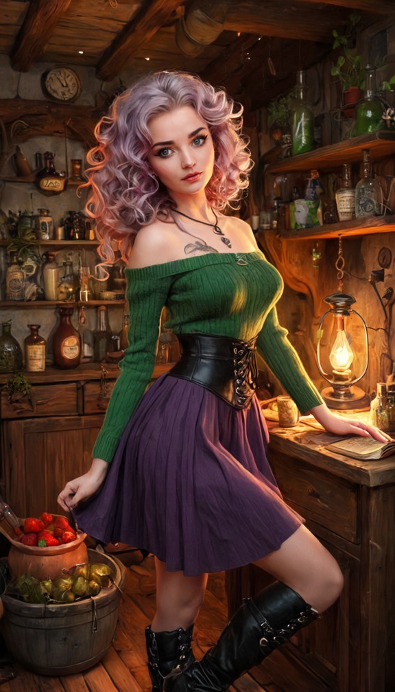 wren,a young witch with messy strawberry-blonde curls and big curious green eyes,wearing a patchwork cardigan over a …