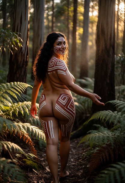 Location: dense eucalyptus forest in Tasmania during golden hour, with dappled sunlight filtering through the canopy …