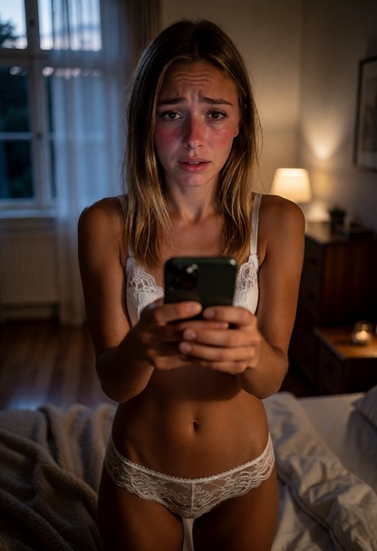 Location: a cozy, dimly lit bedroom at twilight, with soft moonlight filtering through the window and the faint, warm…