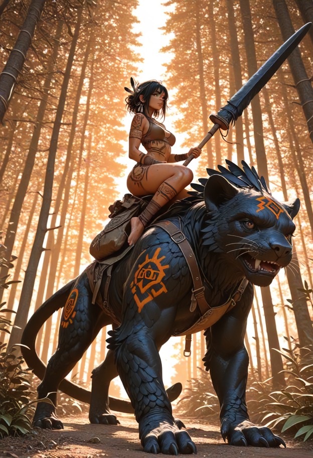 (full body shot:1.4),(vertical composition:1.3),a powerful warrior woman (riding on the back of a giant muscular coug…