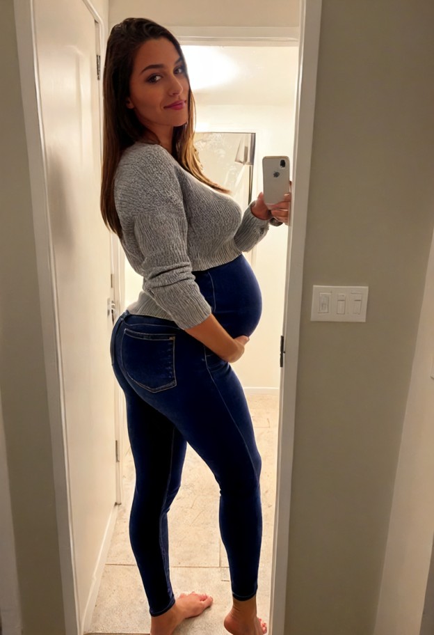 she is standing in the doorway,grey cotton maternity sweater,dark blue denim leggings,cozy home entryway,medium shot,…