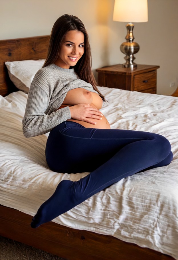 samantha is lying on bed with a smile,grey cotton maternity sweater,dark blue denim leggings,pulled down leggings,coz…