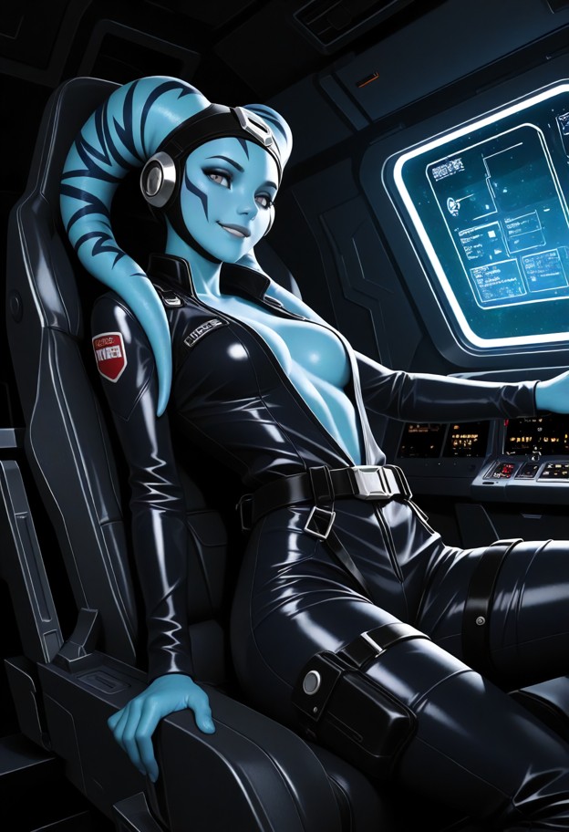 a she is character is leaning back in the co-pilot seat with a happy expression,dark jumpsuit,blaster on thigh,cockpi…