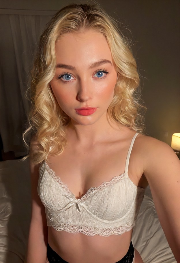 victoria lane is unfastening her white crop top,white crop top,black lace panties,quiet bedroom at night,bedside lamp…