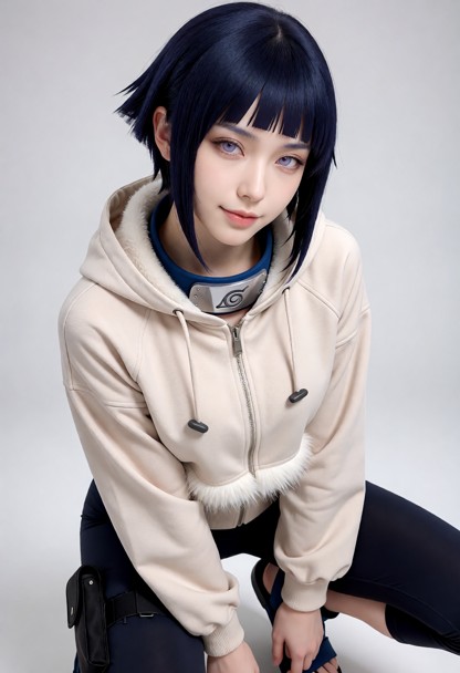 She has short, dark indigo hair cut into a neat bob with straight bangs across her forehead. The sides are slightly l…