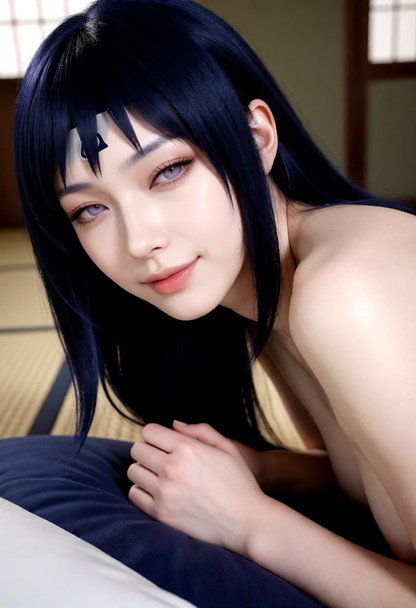 The scene is set in a dojo with tatami mats., The subject looks flirty, with a subtle smile, direct gaze, and soft ex…