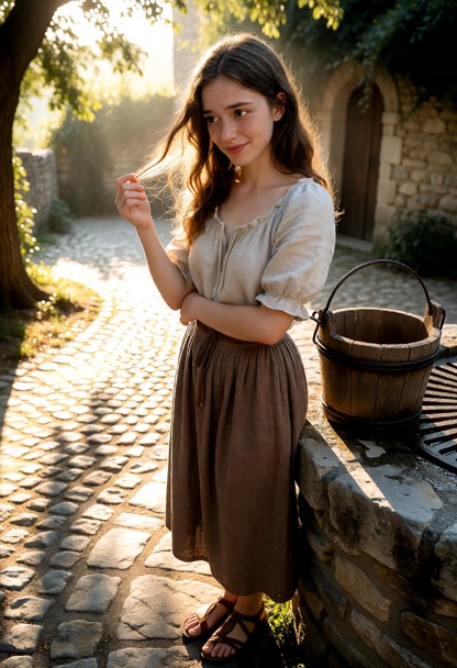 Location: early morning at a stone village well, with soft golden sunlight filtering through nearby trees and casting…