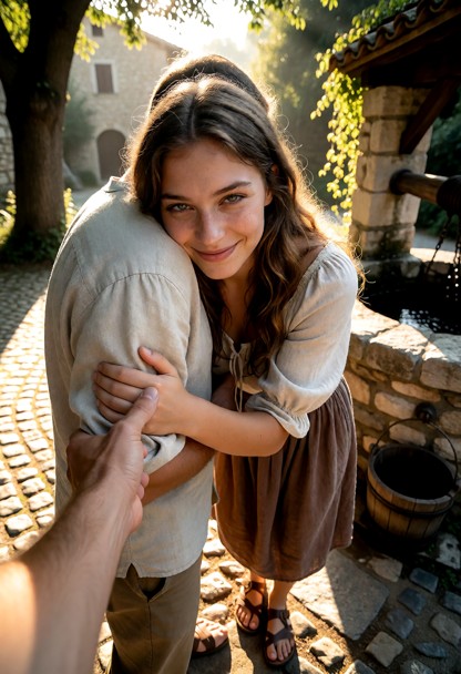 Location: early morning at a stone village well, with soft golden sunlight filtering through nearby trees and casting…