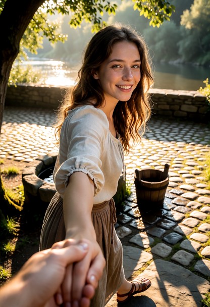 Location: early morning at a stone village well, with soft golden sunlight filtering through nearby trees and casting…