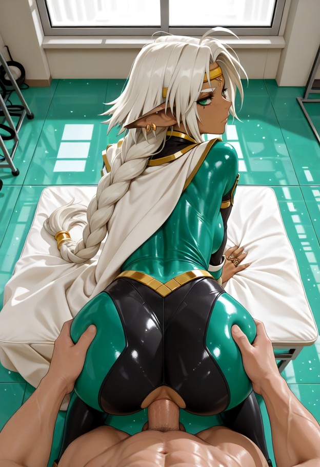 1girl being penetrated in doggy style,1guy,penis,pov,doggy style,ass,white cape,metallic blue bodysuit,green rubber f…