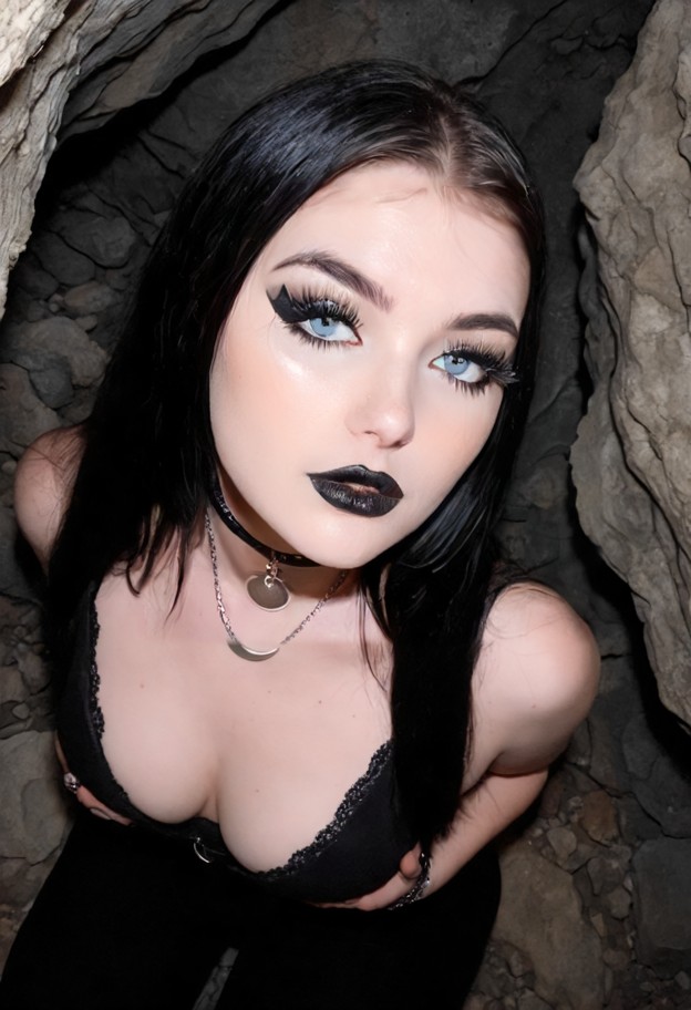 high-angle shot,viewed from above,looking down,gothic fashion,black outfit,lace,choker,dark eyeliner,pale skin,silver…