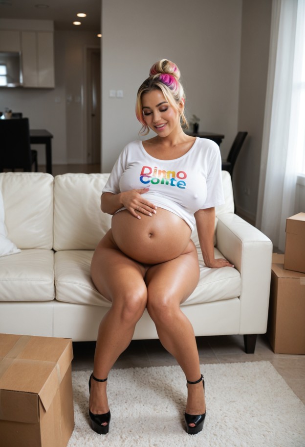 sitting on a couch leaning forward with eyes closed and a smiling face,one hand on her pregnant belly and the other h…