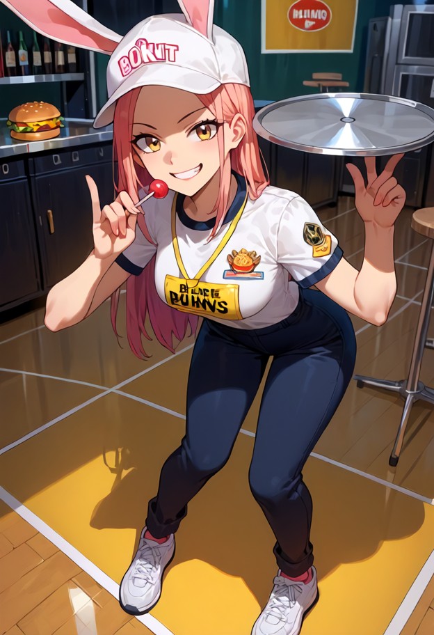 1girl leaning forward on yellow counter,wearing white-yellow burger king uniform,black stretchy pants,white sneakers,…