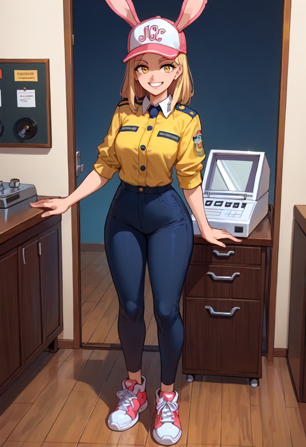 1girl standing behind counter,white and yellow polyester uniform,tight black work pants,white non-marking sneakers,le…