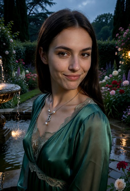 Location: twilight in a lush garden filled with blooming flowers and stone pathways, with the soft glow of a nearby s…