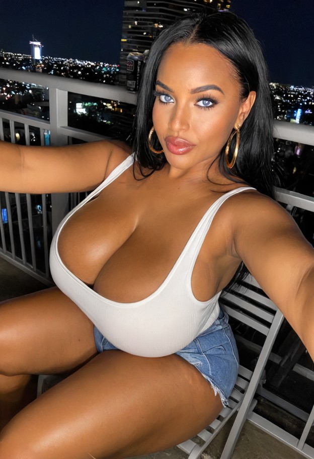 she is sitting on a chair holding a soda can to her lips,white tank top,denim shorts,balcony,metal railing,city light…