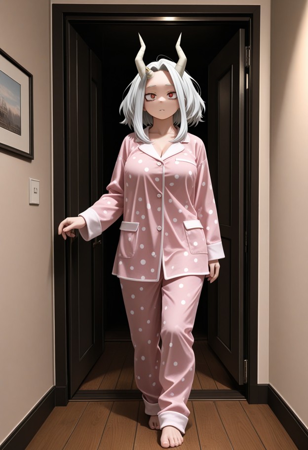 she is is standing nervously in a hallway,pink silk pajamas,dimly lit hallway,wooden floor,closed door,medium shot,di…