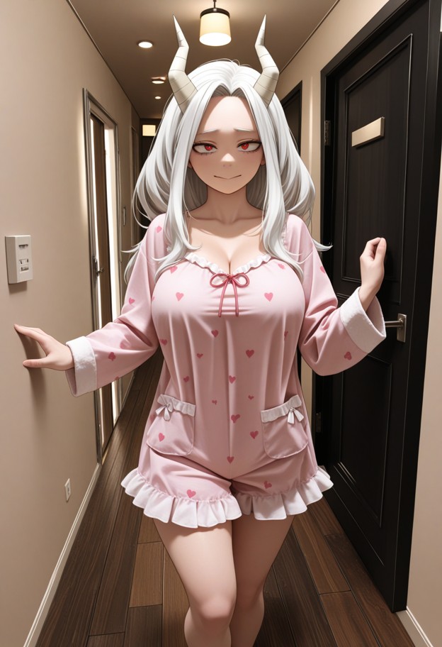 she is standing nervously in a hallway,pink silk pajama set,dimly lit hallway,wooden floor,closed door,looking around…