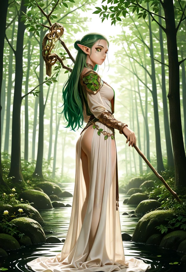 1girl,elf,long pale green hair with brighter green tips,golden eyes,pointed ears,slim figure,wearing tyrande whisperw…