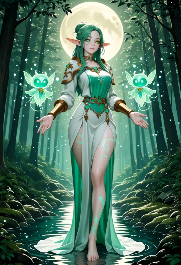 1girl,elf,long pale green hair with brighter green tips,golden eyes,pointed ears,slim figure,wearing tyrande whisperw…